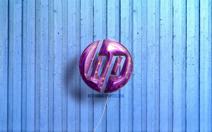 4k, logo Hewlett-Packard, ballons violets r&#233;alistes, logo HP 3D, HP, Hewlett-Packard, fonds en bois bleu, logo HP