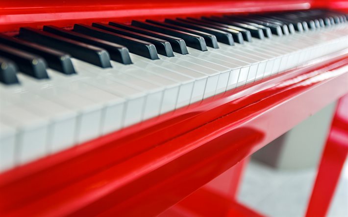 pianoforte a coda rosso, tasti di pianoforte, suonare il pianoforte, sottofondo di pianoforte, strumenti musicali, pianoforte