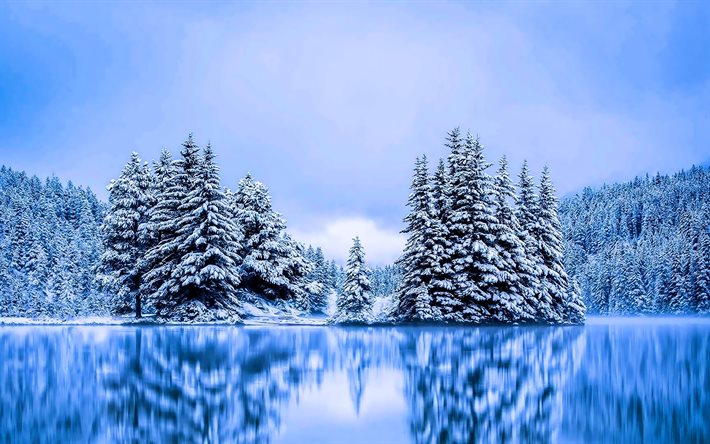 Banff, Alberta, forest, winter, blue lake, North America, Banff National Park, beautiful nature, Canada, HDR