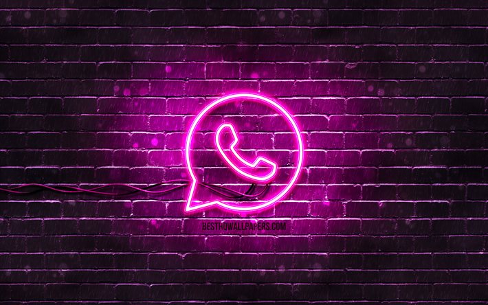 Logotipo roxo do WhatsApp, 4k, parede de tijolos roxa, logotipo do WhatsApp, redes sociais, logotipo do n&#233;on do WhatsApp, WhatsApp