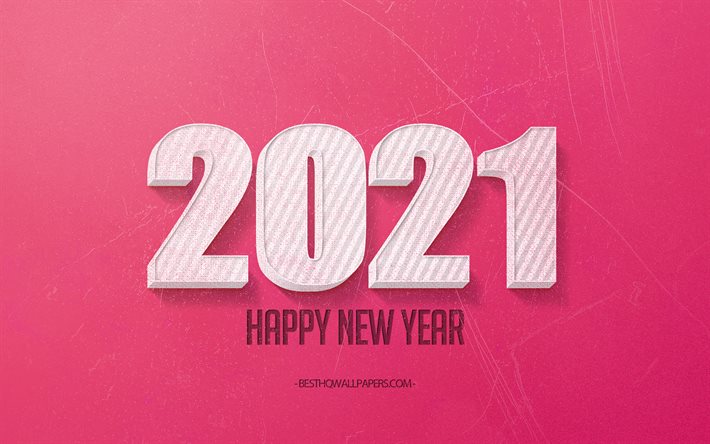 2021 neujahr, 2021 rosa hintergrund, 2021 konzepte, 2021 wei&#223;e 3d-buchstaben, 2021 rosa retro-hintergrund