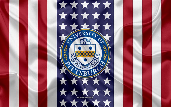 emblem der universit&#228;t von pittsburgh, amerikanische flagge, logo der universit&#228;t von pittsburgh, pittsburgh, pennsylvania, usa, universit&#228;t von pittsburgh