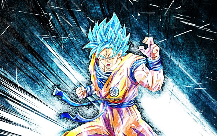 Son Goku, grunge art, Dragon Ball, 4K, warrior, Dragon Ball Super, DBS, blue abstract rays, Son Goku DBS, DBS characters, Son Goku Dragon Ball