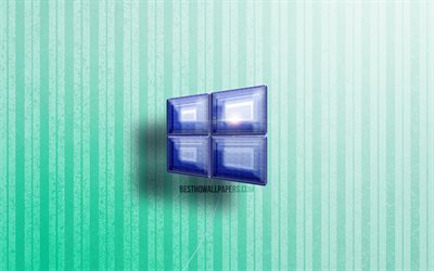 4k, Windows 103Dロゴ, 青いリアルな風船, OS, Microsoft Windows 10, 青い木製の背景