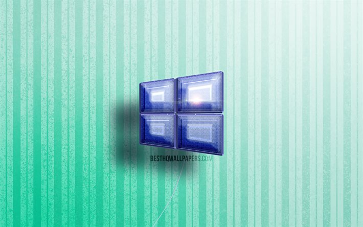 4k, logotipo 3D do Windows 10, bal&#245;es azuis realistas, sistema operacional, logotipo do Windows 10, planos de fundo de madeira azuis, Windows 10