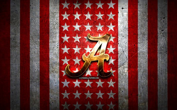 Alabama Crimson Tide flag, NCAA, red white metal background, american football team, Alabama Crimson Tide logo, USA, american football, golden logo, Alabama Crimson Tide