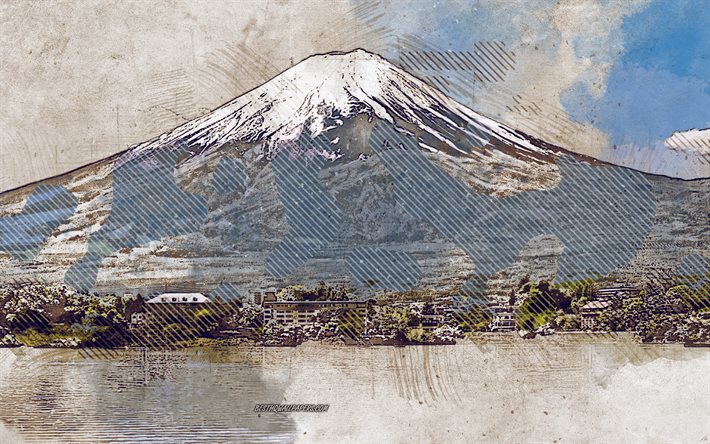 Monte Fuji, arte grunge, Fujisan, arte creativa, grunge, paesaggio montano, vulcano, Giappone