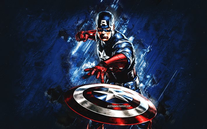 Captain America, superhero, blue stone background, creative art, Captain America character