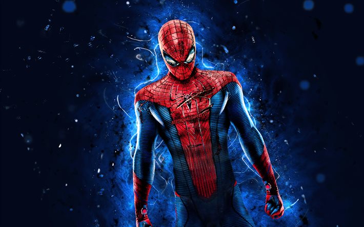 Spiderman, 4k, blue neon lights, superheroes, Marvel Comics, Spider-Man, creative, Spiderman 4K