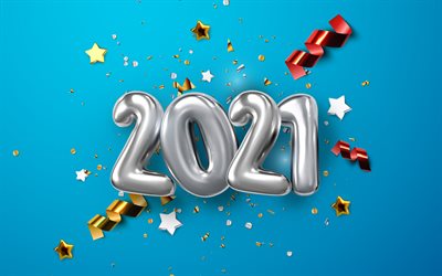 2021年, 4k, 銀の風船, 明けましておめでとうございます, 2021年の青い背景, 2021年の銀の風船の背景, 2021の概念
