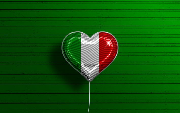Amo l&#39;Italia, 4K, palloncini realistici, fondo di legno verde, cuore della bandiera italiana, paesi preferiti, bandiera d&#39;Italia, palloncino con bandiera, bandiera italiana, amore Italia
