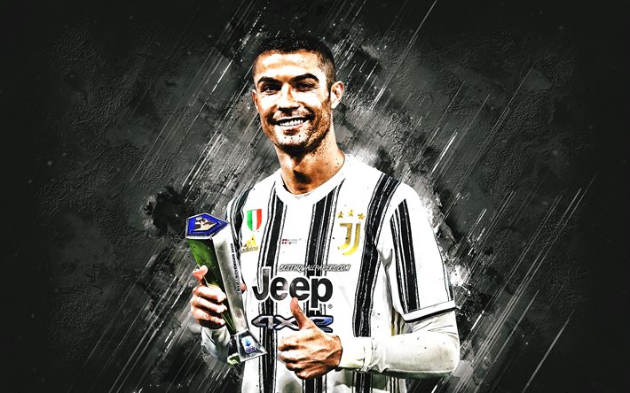 Cristiano Ronaldo, portr&#228;tt, Serie A awards, Juventus FC, portugisisk fotbollsspelare, Italien, fotboll, vit sten bakgrund