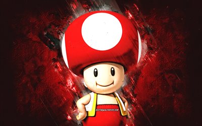 Toad, Super Mario, Mario Party Star Rush, characters, red stone background, Super Mario main characters, Toad Super Mario