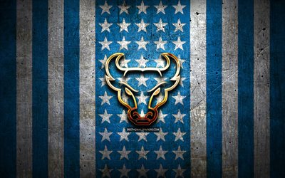 Bandeira do Buffalo Bulls, NCAA, fundo de metal branco azul, time de futebol americano, logotipo do Buffalo Bulls, EUA, futebol americano, logotipo dourado, Buffalo Bulls