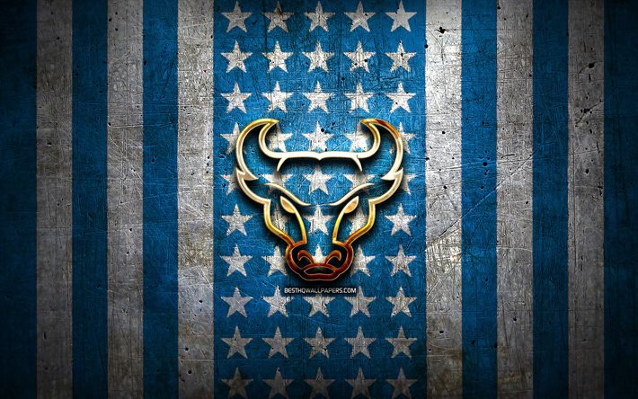 Buffalo Bulls flag, NCAA, blue white metal background, american football team, Buffalo Bulls logo, USA, american football, golden logo, Buffalo Bulls