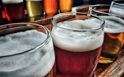 birra, fila di bicchieri con birra, birra diversa, bar, concetti di birra