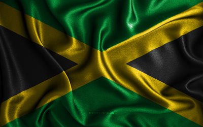 Jamaican flag, 4k, silk wavy flags, North American countries, national symbols, Flag of Jamaica, fabric flags, Jamaica flag, 3D art, Jamaica, North America, Jamaica 3D flag
