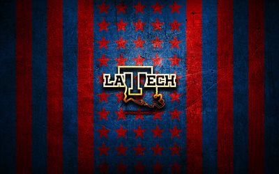 Louisiana Tech Bulldogs -lippu, NCAA, punainen sininen metallitausta, amerikkalainen jalkapallojoukkue, Louisiana Tech Bulldogs -logo, USA, amerikkalainen jalkapallo, kultainen logo, Louisiana Tech Bulldogs