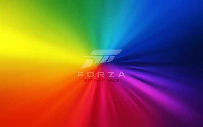 Forza logosu, 4k, girdap, 2020 oyunları, g&#246;kkuşağı arka planları, yaratıcı, sanat eseri, Forza