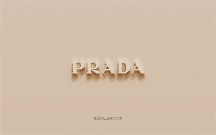 プラダロゴ, 茶色の漆喰の背景, プラダ3Dロゴ, ブランド, プラダのエンブレム, 3Dアート, Prada（プラダ）
