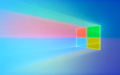 Windows 10, 4k, fond bleu, rayons color&#233;s, Microsoft, logo Windows 10, logo abstrait Windows 10