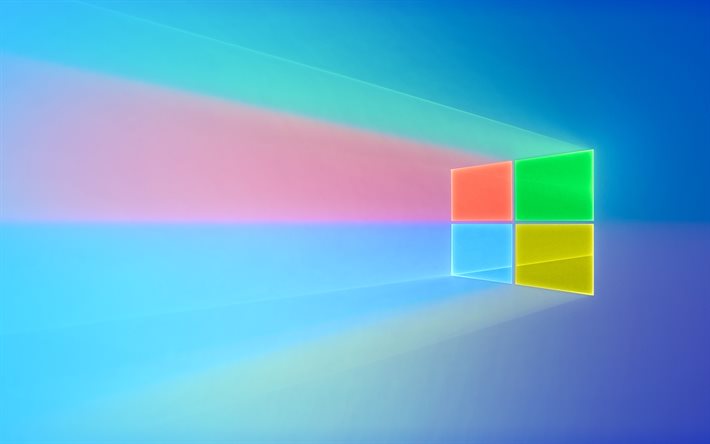 Windows 10, 4k, blå bakgrund, färgglada strålar, Microsoft, Windows 10-logotyp, Windows 10 abstrakt logotyp