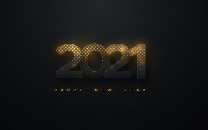 Anno nuovo 2021, sfondo nero con lettere d&#39;oro, felice anno nuovo 2021, concetti 2021, sfondo di lusso 2021