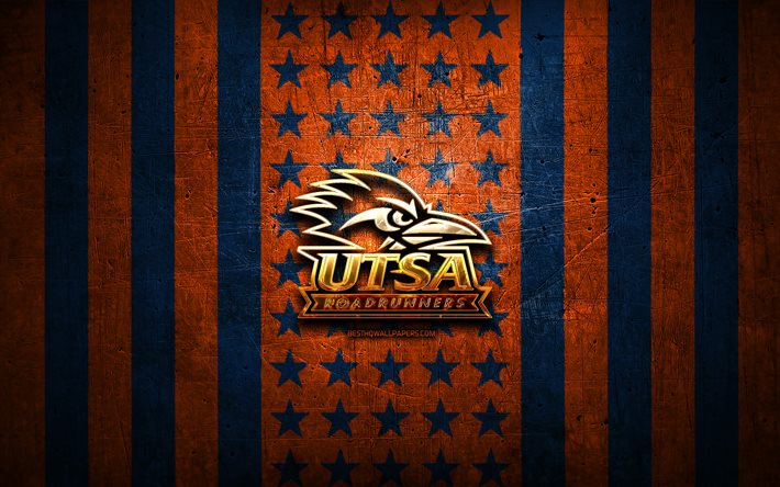 UTSA Roadrunners -lippu, NCAA, oranssi sininen metallitausta, amerikkalaisen jalkapallojoukkueen joukkue, UTSA Roadrunners -logo, USA, amerikkalainen jalkapallo, kultainen logo, UTSA Roadrunners