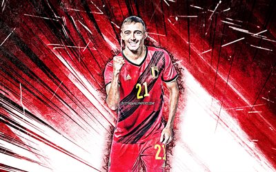 4k, Timothy Castagne, grunge art, Belgium National Team, soccer, footballers, red abstract rays, Belgian football team, Timothy Castagne 4K
