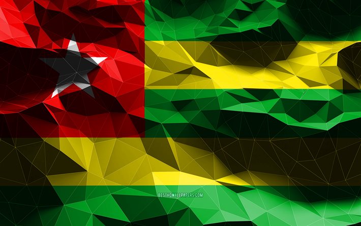 4k, Togo bayrağı, d&#252;ş&#252;k poli sanat, Afrika &#252;lkeleri, ulusal semboller, Togo Bayrağı, 3D bayraklar, Togo, Afrika, Togo 3D bayrak