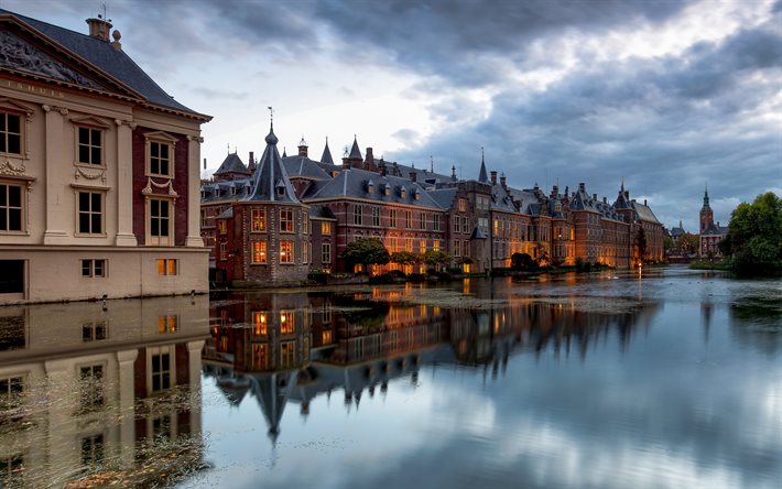 The Hague, 4k, evening, cityscapes, Netherlands, dutch cities, Europe, Hague in evening