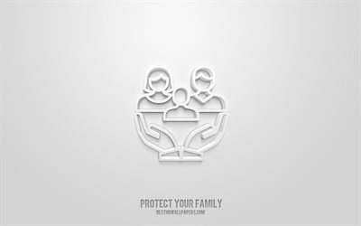 حماية رمز عائلتك 3D, خلفية بيضاء, رموز ثلاثية الأبعاد, تحمي عائلتك, أيقونات العائلة, أيقونات ثلاثية الأبعاد, رموز الأسرة 3D