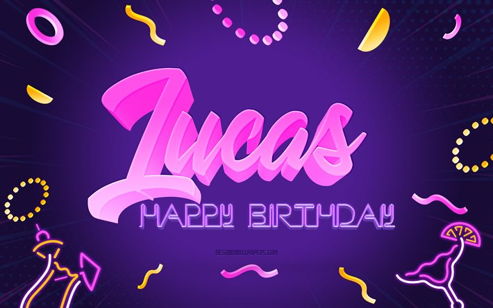 お誕生日おめでとうルーカス, 4k, 紫のパーティーの背景, ルーカス。, クリエイティブアート, ルーカスお誕生日おめでとう, ルーカスの名前, ルーカスの誕生日, 誕生日パーティーの背景