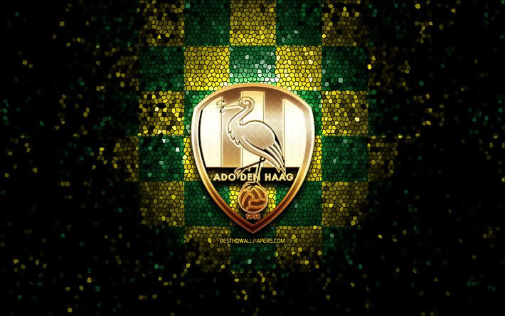 Den Haag FC, logo glitter, Eredivisie, sfondo a scacchi giallo verde, calcio, squadra di calcio olandese, logo ADO Den Haag, arte del mosaico, ADO Den Haag