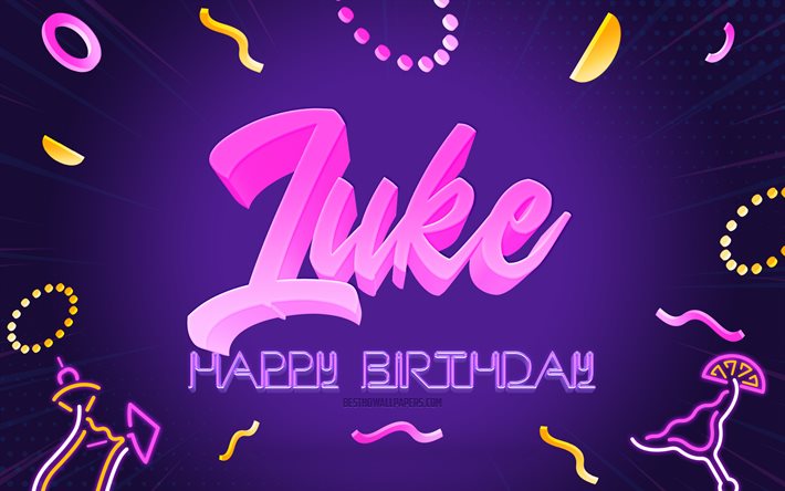 Happy Birthday Luke, 4k, Purple Party Background, Luke, creative art, Happy Luke birthday, Luke name, Luke Birthday, Birthday Party Background