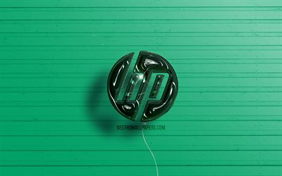 Hewlett-Packard, HP 3D logosu, 4K, koyu yeşil ger&#231;ek&#231;i balonlar, Hewlett-Packard logosu, HP, yeşil ahşap arka planlar, HP logosu