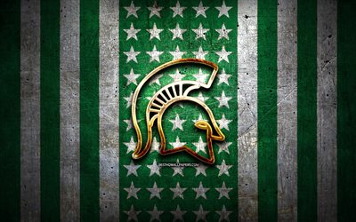 Michigan State Spartans flag, NCAA, green white metal background, american football team, Michigan State Spartans logo, USA, american football, golden logo, Michigan State Spartans