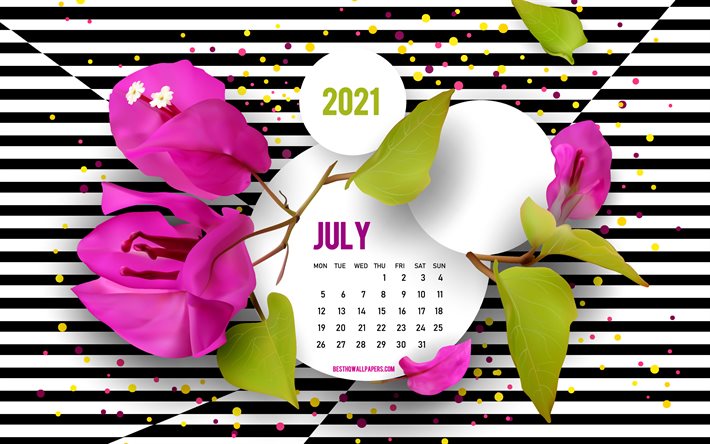 Calendrier de juillet 2021, 4k, fond avec des fleurs, art cr&#233;atif, juillet, calendriers d&#39;&#233;t&#233; 2021, fond ray&#233; noir et blanc, calendrier de juillet 2021, fleurs violettes