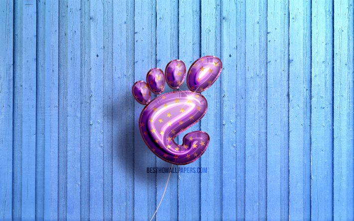 4k, Gnome logo, Linux, violet realistic balloons, Gnome 3D logo, Gnome, blue wooden backgrounds