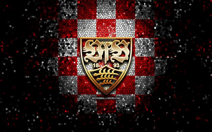 Stuttgart FC, logo glitter, Bundesliga 2, sfondo a scacchi bianco rosso, calcio, VfL Osnabruck, squadra di calcio tedesca, logo di Stoccarda, arte del mosaico, VfB Stuttgart