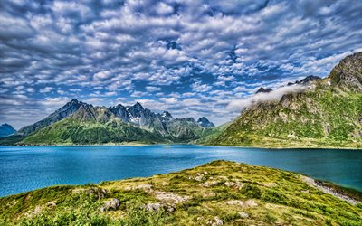 Norge, Lofoten Islands, 4k, berg, Europa, sommar, hamn, Lofoten, vacker natur