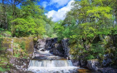 waterfalls, forest, rock, Trossachs National Park, Scotland