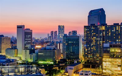 Tokyo, ville de soir&#233;e, gratte-ciel, Japon