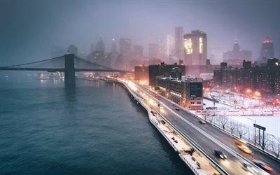 New York, illalla, talvi, lumi, kaupungin valot, USA, Brooklyn Bridge