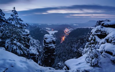 mountains, winter, mountain valley, evening, Elbe Sandstone Mountains, Saxon Switzerland, Germany