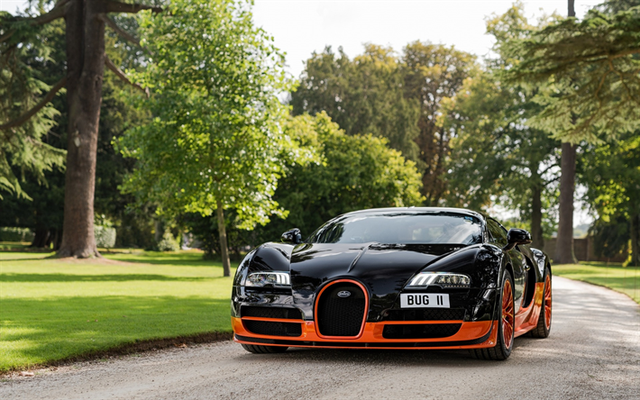 Bugatti Veyron, escritorio, negro, naranja Veyron, coches deportivos, Bugatti