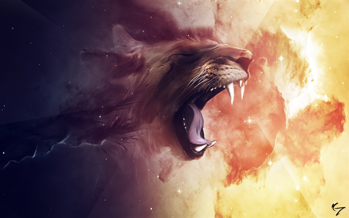 lion, nebula, digital art, predators