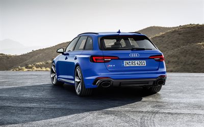 Audi RS4 Avant, 2018, 4k, takaa katsottuna, sininen RS4, uusia autoja, urheilu estate, Audi