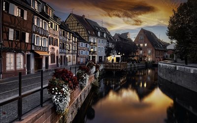 Colmar, sunset, river, old city, Alsace region, France