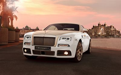 Rolls-Royce Wraith, Mansory, 2018, El Atlantis the Palm, 4k, coches de lujo, vista de frente, EMIRATOS &#225;rabes unidos, Dubai